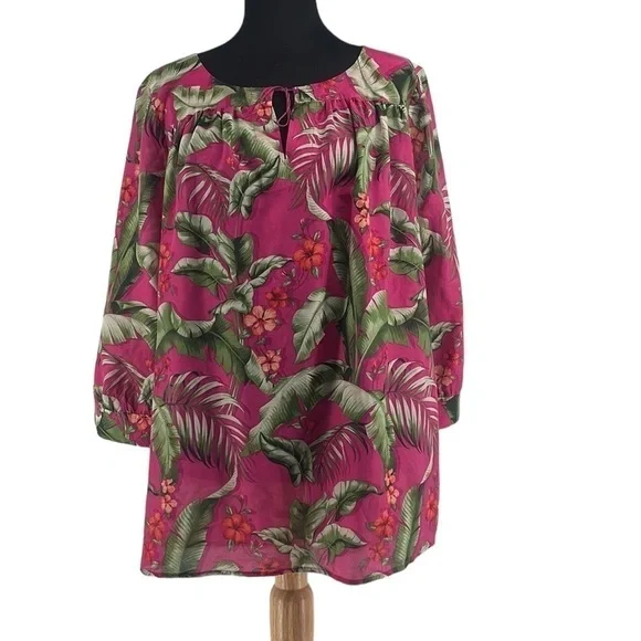 Tommy Bahama silk blend Blouse Top Pink Green Tropical Floral Vacation sz lg - Picture 3 of 11